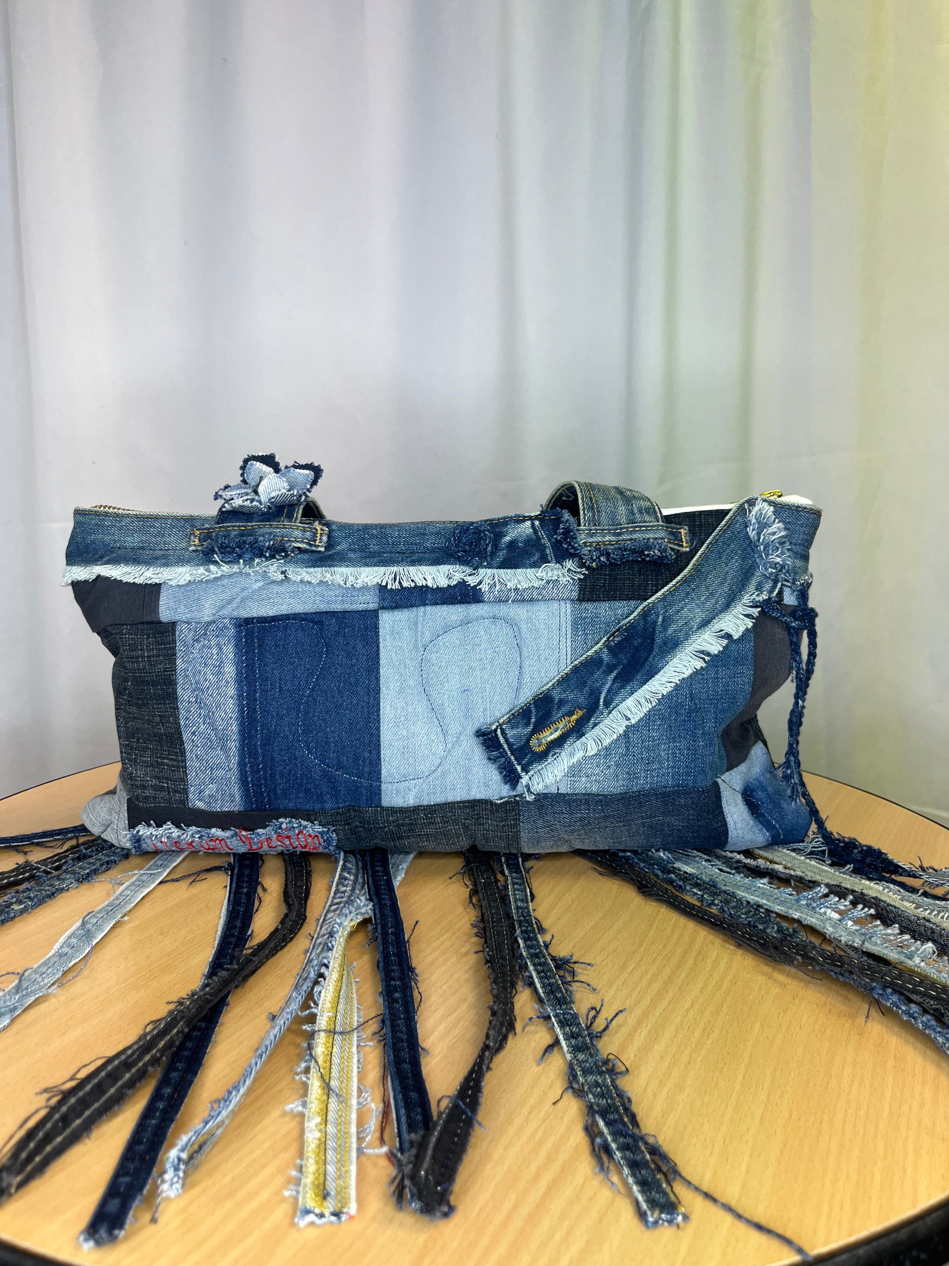Sac à Main Patchwork Denim à Franges