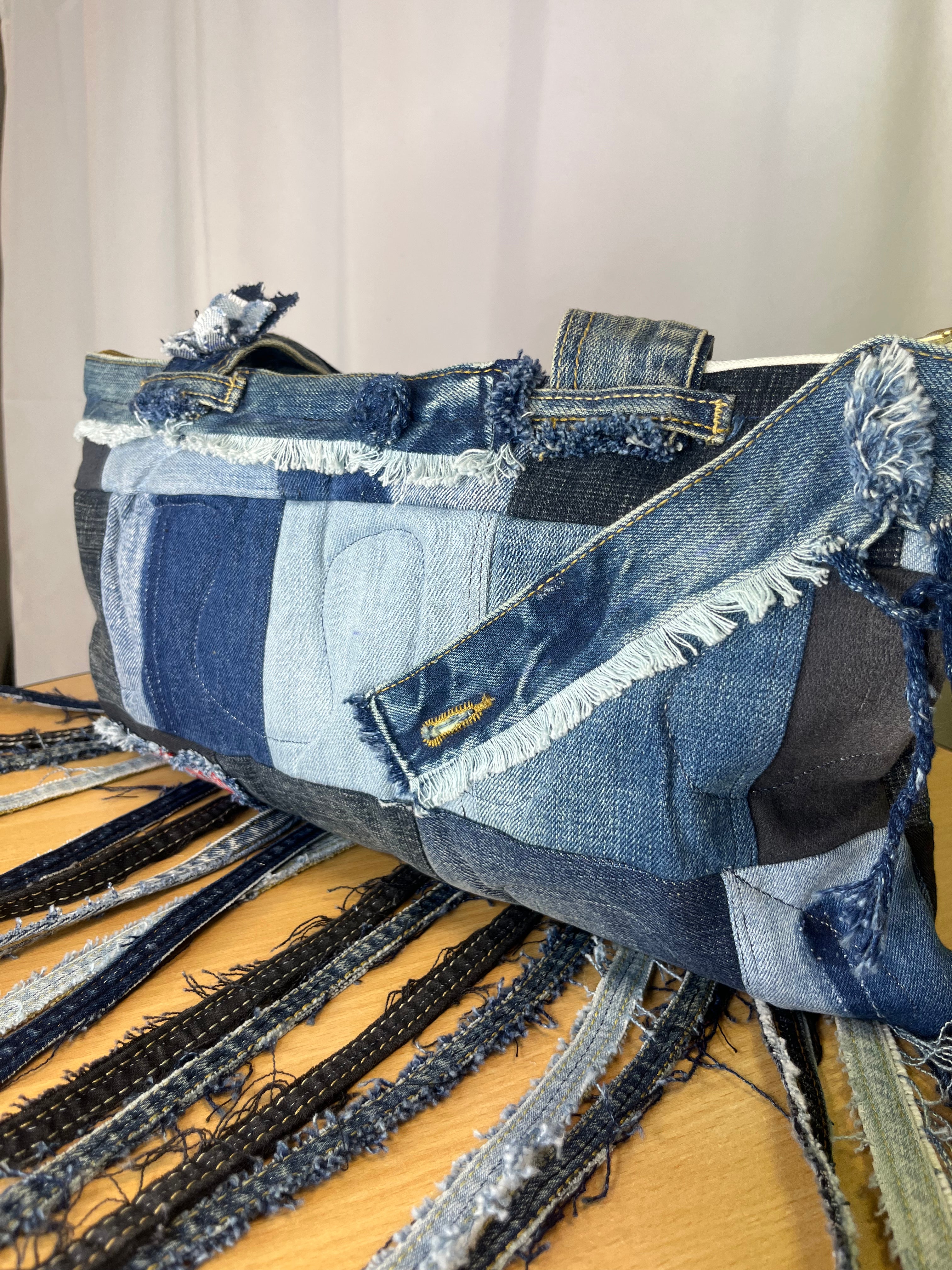 Sac à Main Patchwork Denim à Franges