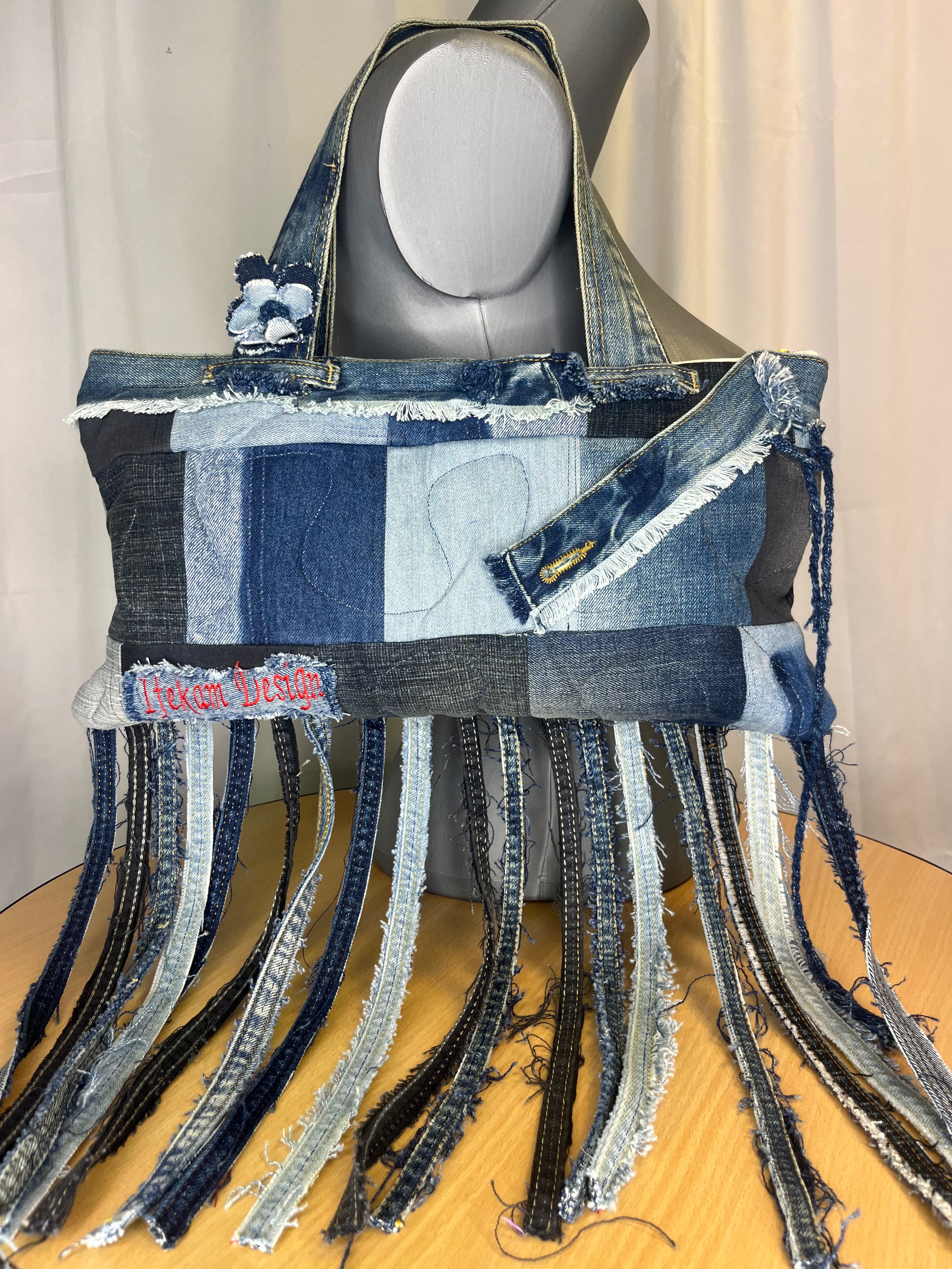 Sac à Main Patchwork Denim à Franges