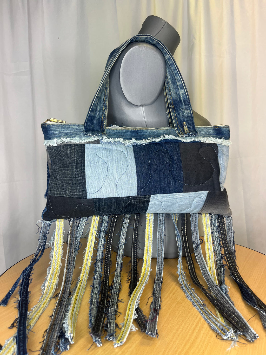 Sac à Main Patchwork Denim à Franges