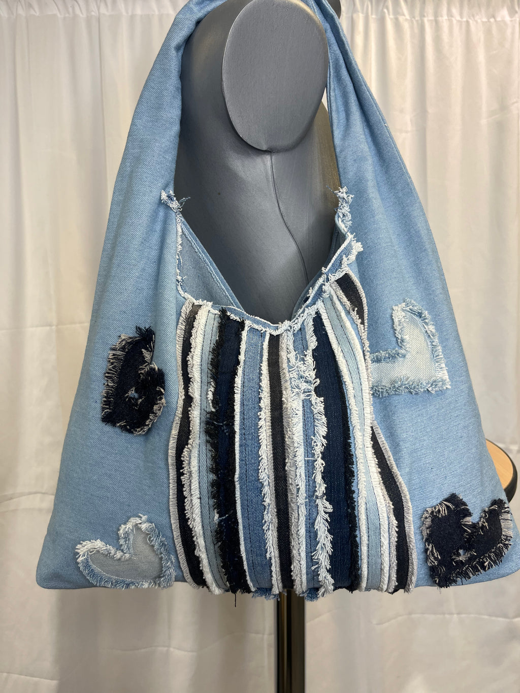 Sac Hobo Denim "Cœurs & Rayures"